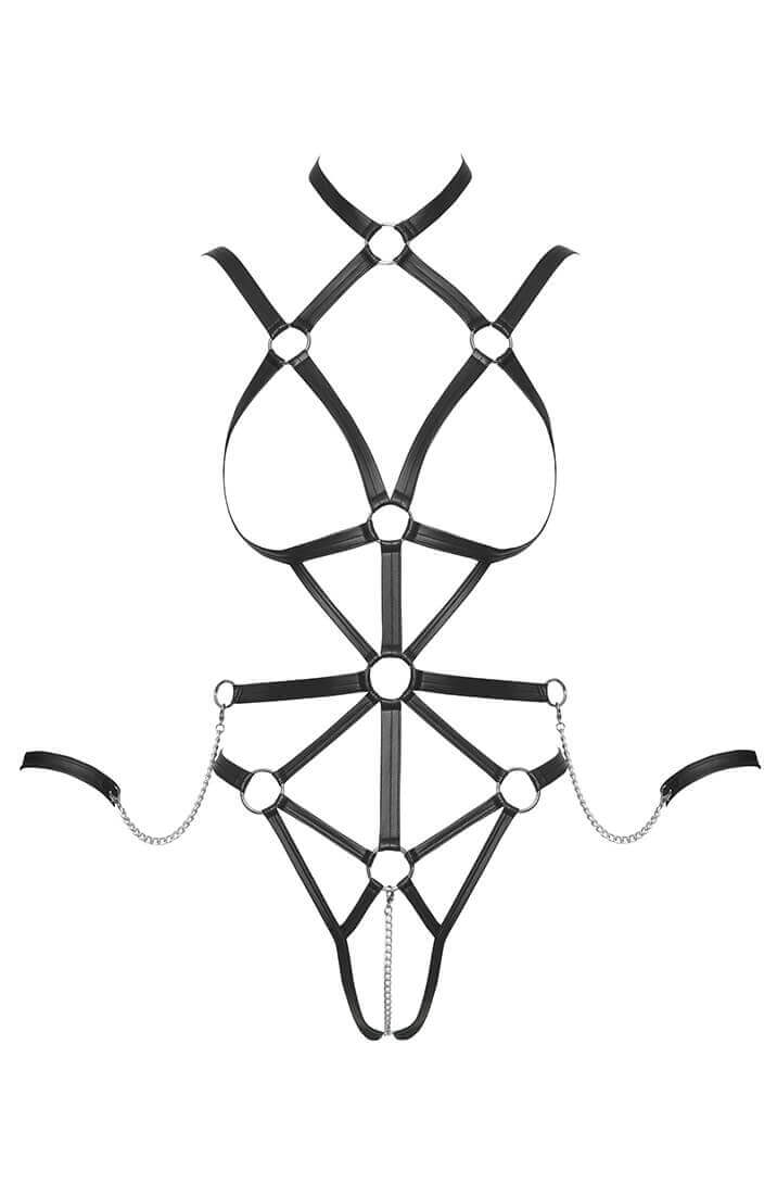 Cage-strap lingerie med kæde i skridtet og håndledsmanchetter