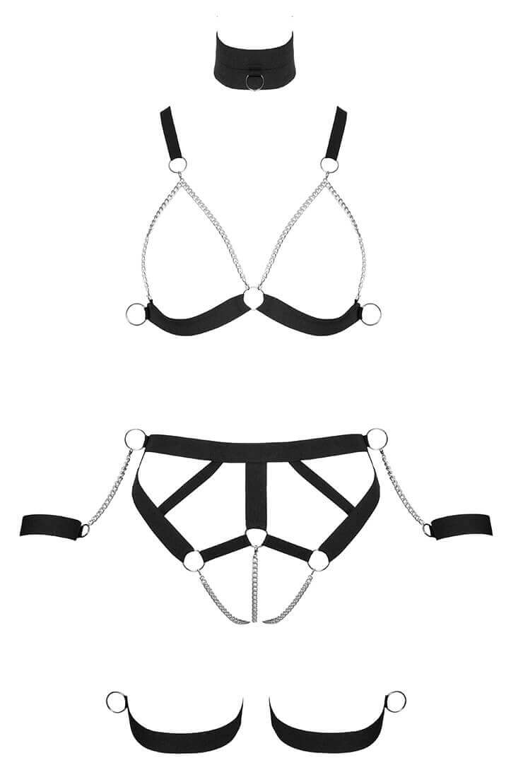 Fetish harness design med kæde og snap hook-detaljer