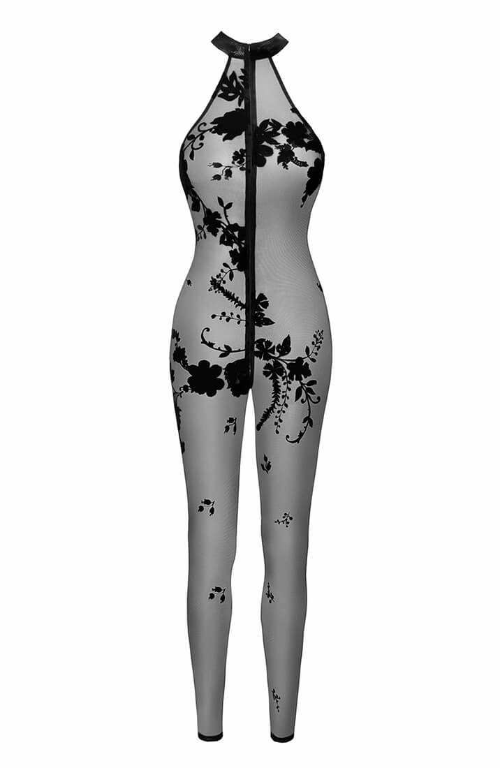 Nylon halterneck catsuit med flock broderi - Sense Gratification - COAX Copenhagen