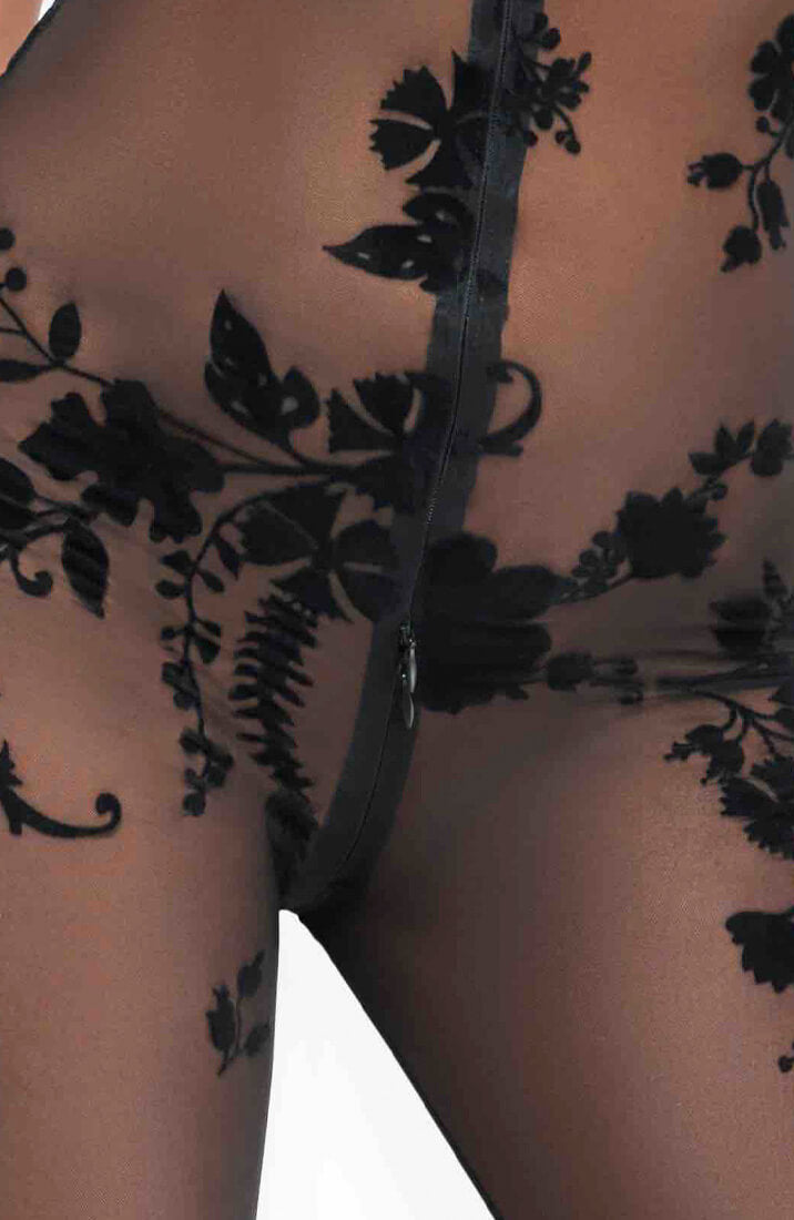 Nylon halterneck catsuit med flock broderi - Sense Gratification - COAX Copenhagen