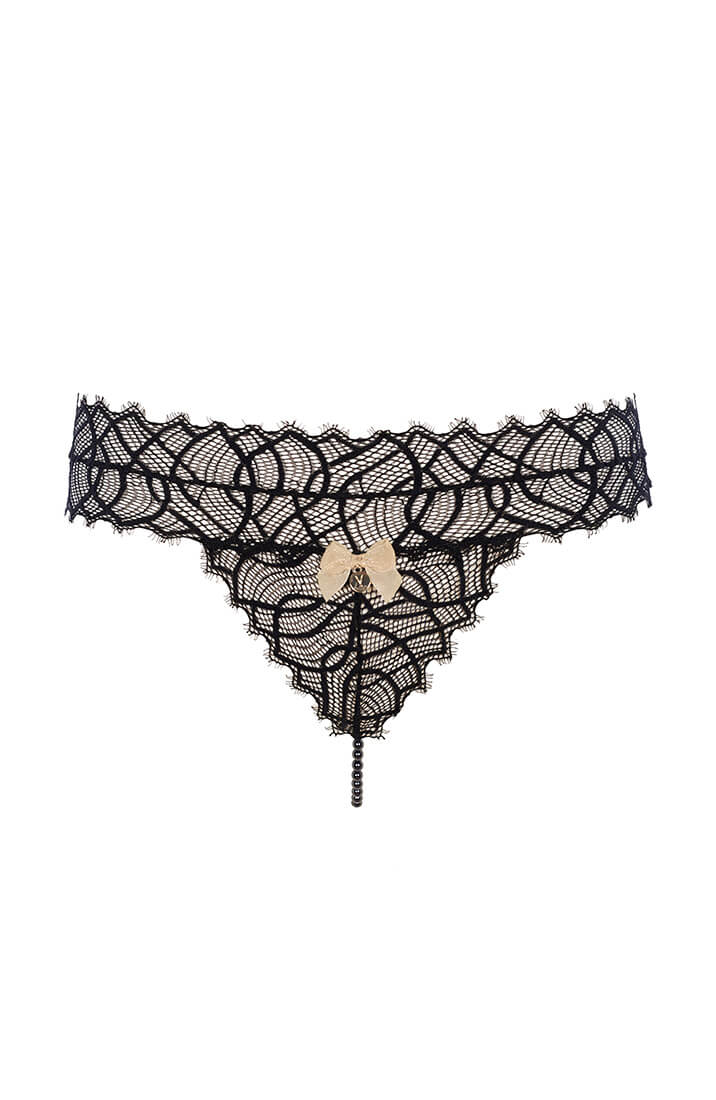 Nærbillede af satinbånd og stimulerende perlesnor på COAX Copenhagen G-string