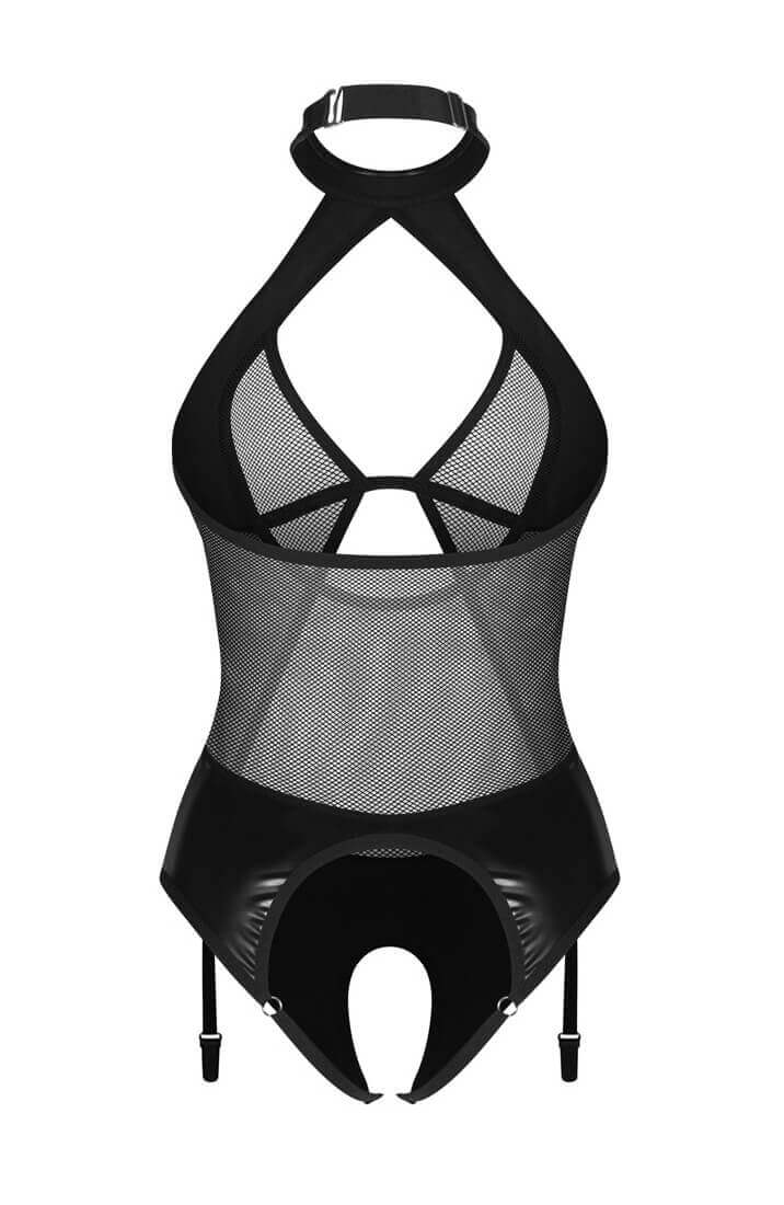 Wetlook lingeri med halterneck og strømpeholdere, fræk og feminin stil
