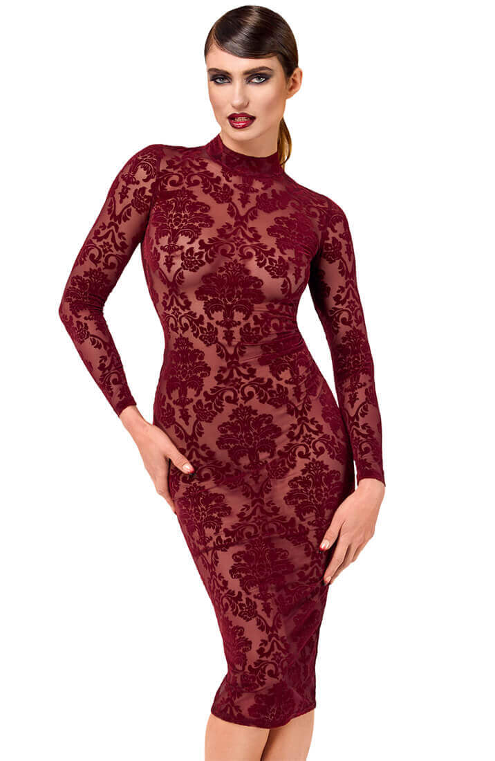 Bordeaux Nylon Midi Kjole med Flock Broderi - Velvet Temptation