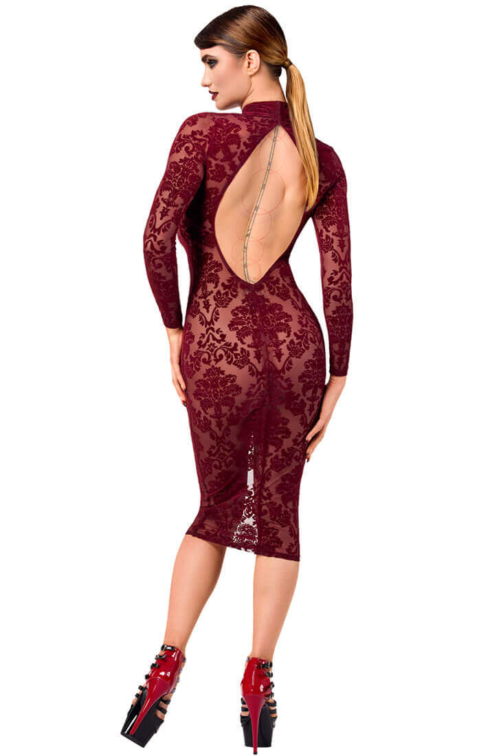 Bordeaux Nylon Midi Kjole med Flock Broderi - Velvet Temptation