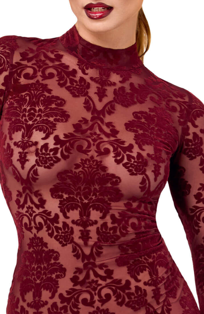 Bordeaux Nylon Midi Kjole med Flock Broderi - Velvet Temptation