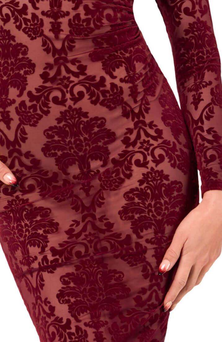 Bordeaux Nylon Midi Kjole med Flock Broderi - Velvet Temptation