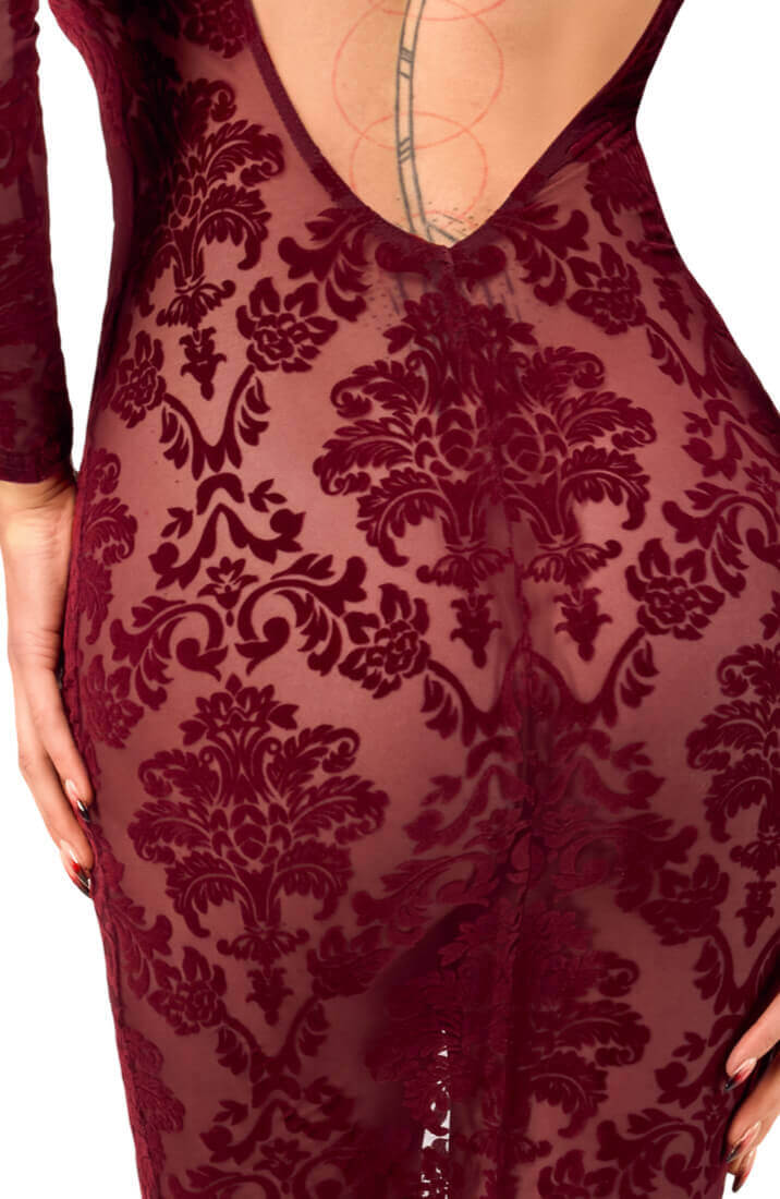 Bordeaux Nylon Midi Kjole med Flock Broderi - Velvet Temptation