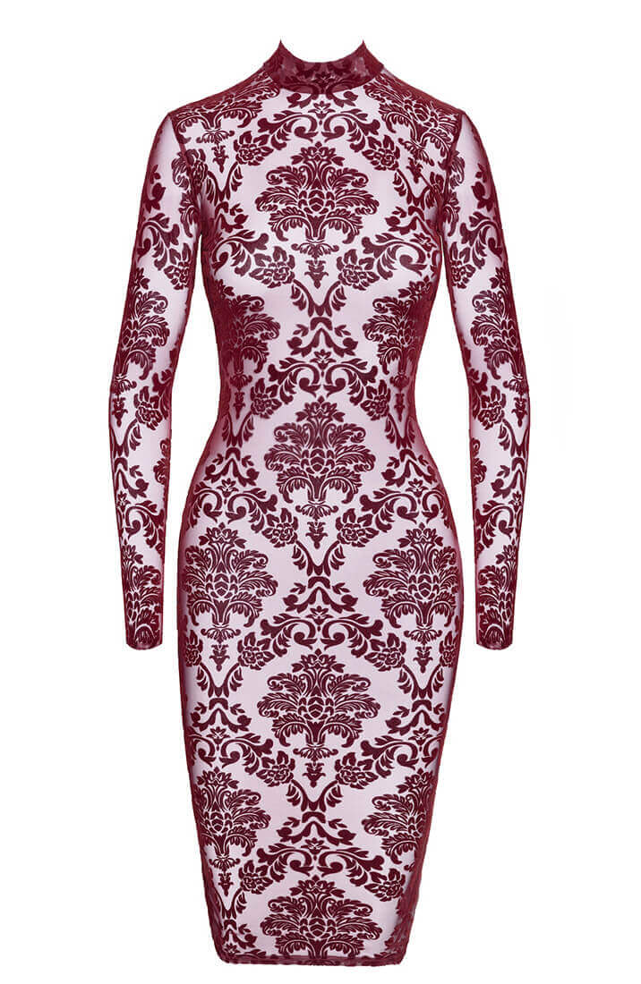 Bordeaux Nylon Midi Kjole med Flock Broderi - Velvet Temptation