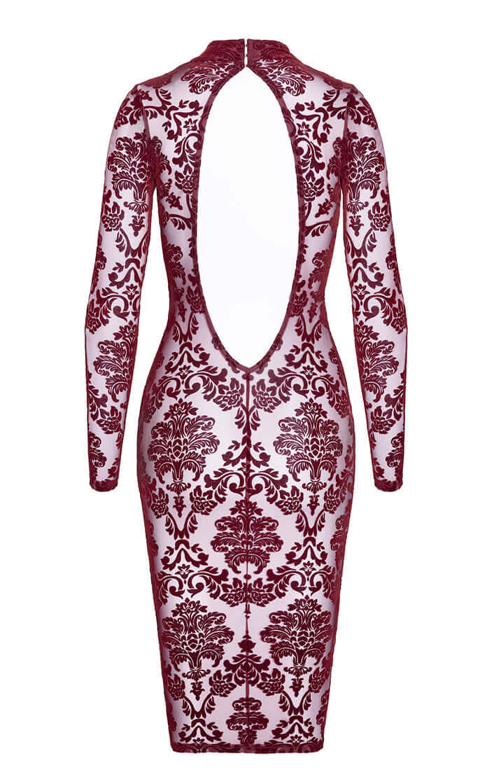 Bordeaux Nylon Midi Kjole med Flock Broderi - Velvet Temptation