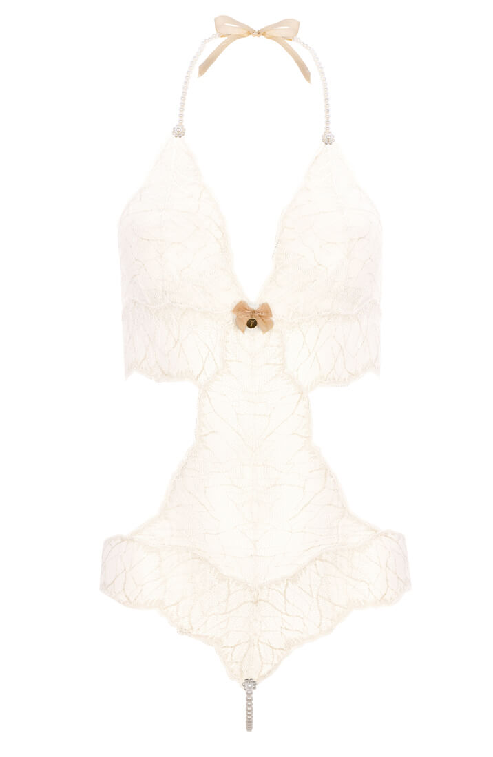 Italiensk blonde bodysuit med hvid Manacor perlesnor