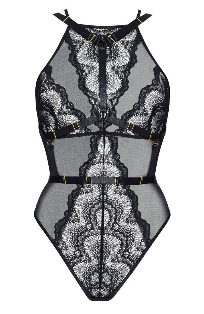 Fræk sort bodysuit med harness