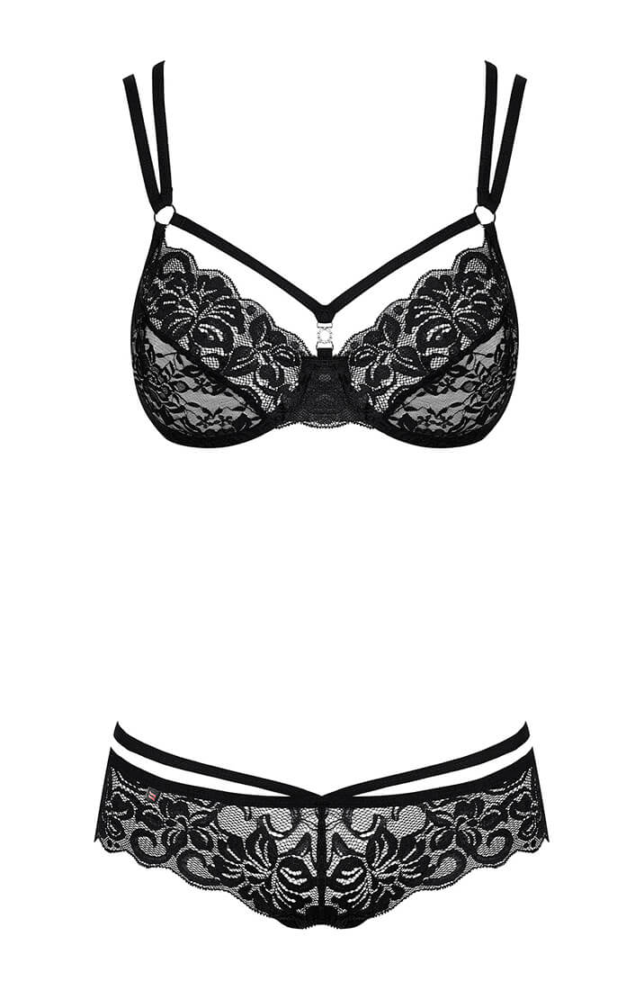 Frækt sort cage-strap blonde bh & trusse sæt