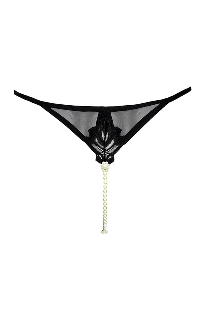 Gennemsigtig g-string i net og blonde med dobbelt perlesnor for ekstra stimulering