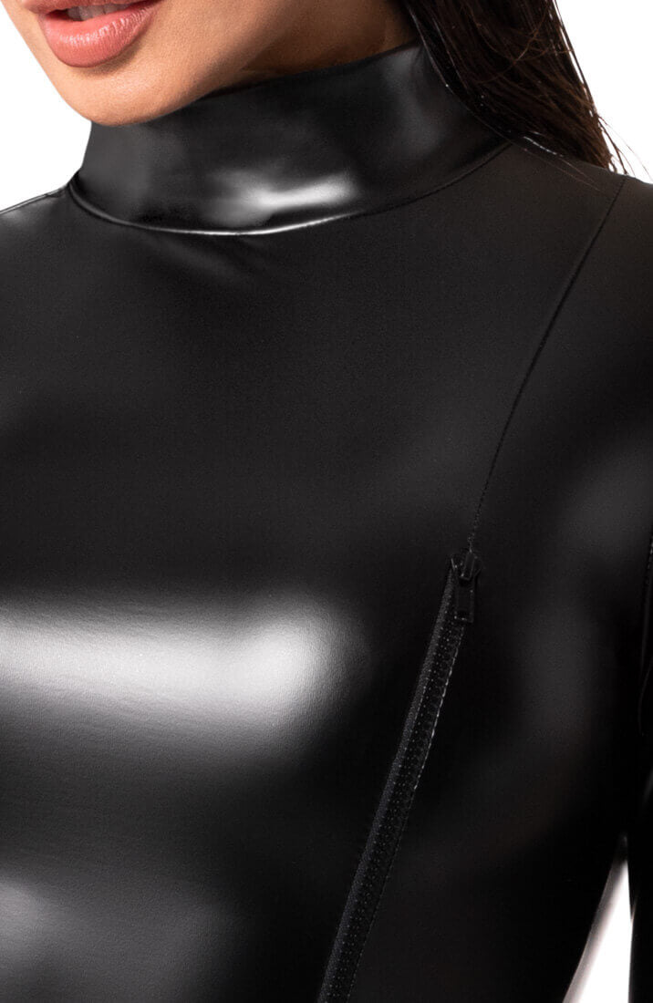 Langærmet wetlook bodysuit med lynlås