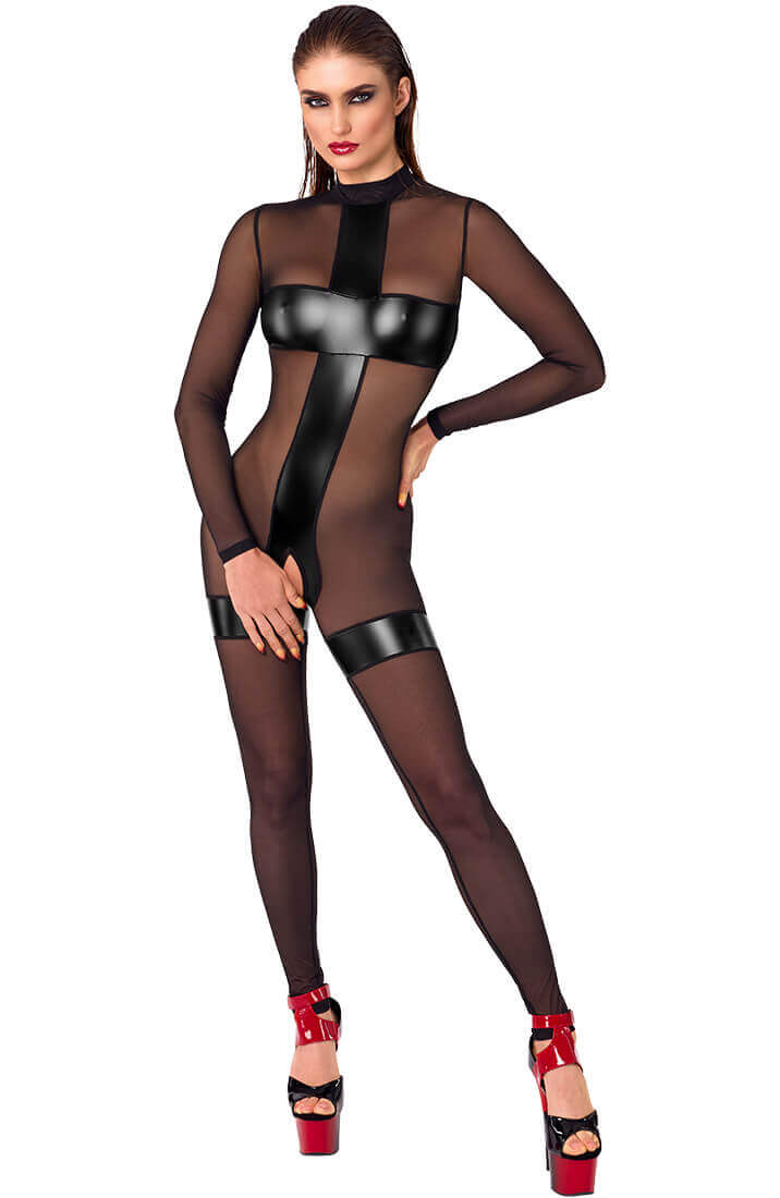 Bundløs nylon catsuit med wetlook paneler fra COAX Copenhagen