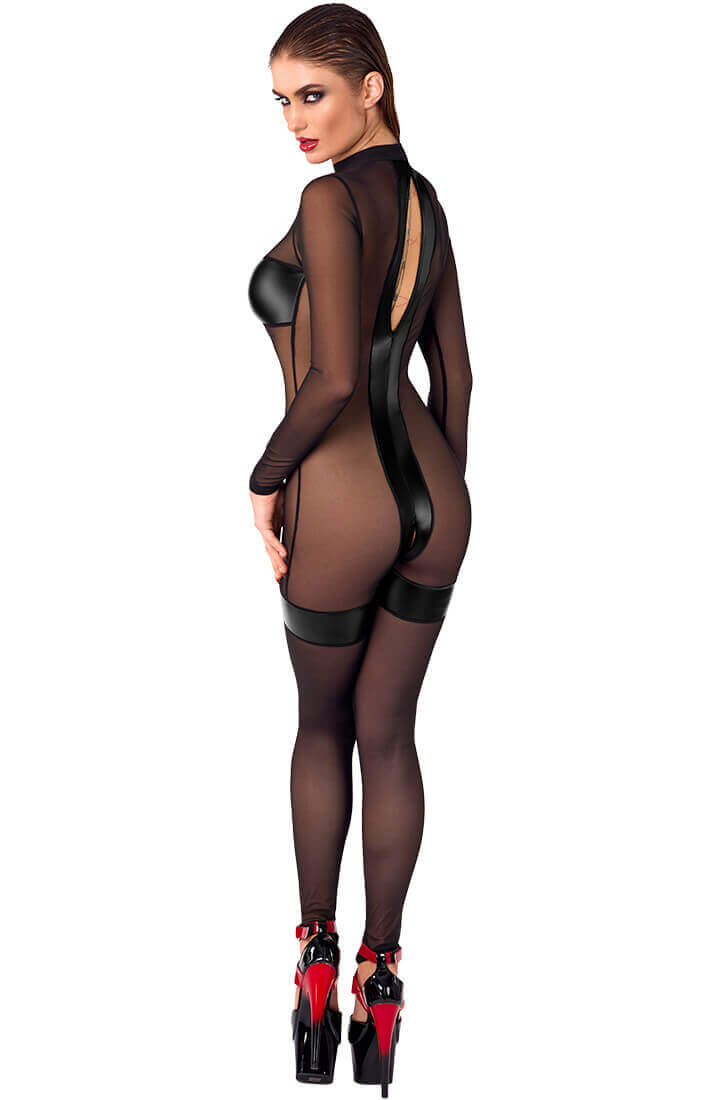 COAX Fetish wetlook catsuit i nylon med høj hals og keyhole ryg