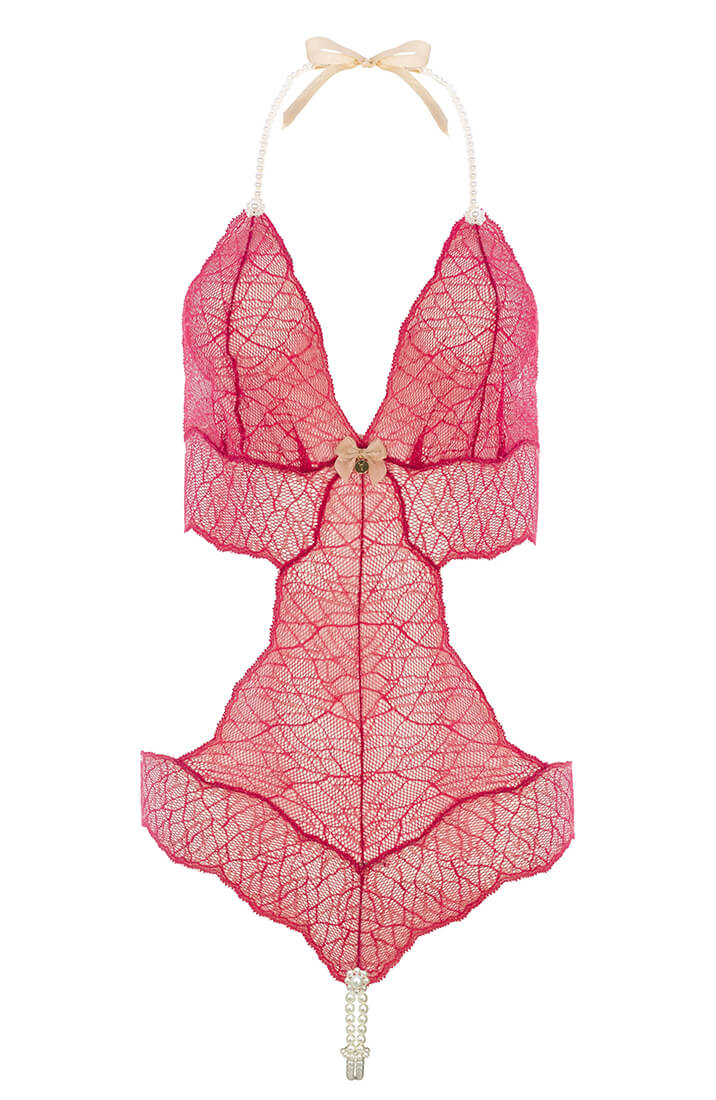 Rød blonde bodysuit med dobbelt perlesnor - sensuelt lingeri COAX Copenhagen
