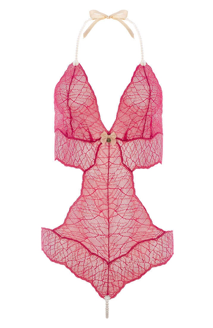 COAX Copenhagen luksus rød bodysuit med perlesnor og gennemsigtig blonde
