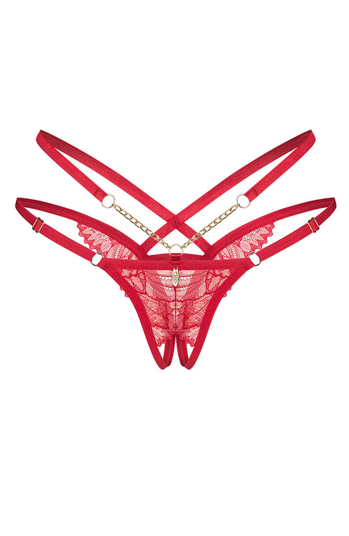 Erotisk rød trusse med åbent design og guldkæde, fræk lingeri stil