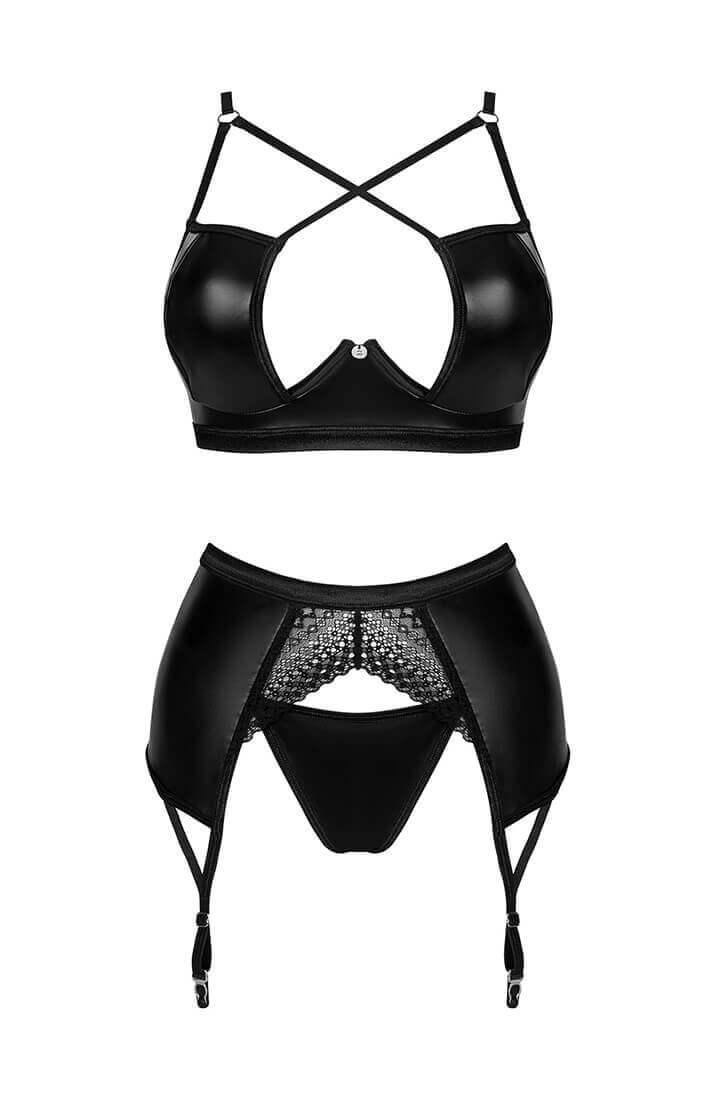 Sexet sort 3 delt wetlook lingeri sæt