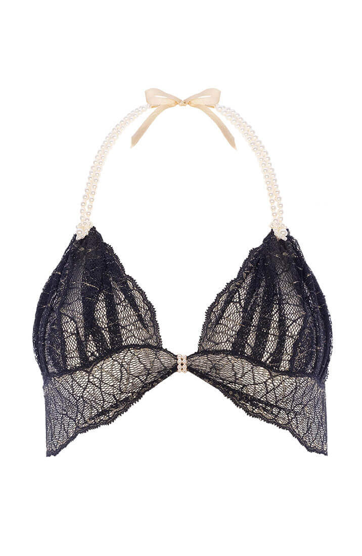 Sort bralette med hvide Manacor perler og gennemsigtig italiensk blonde fra COAX Copenhagen