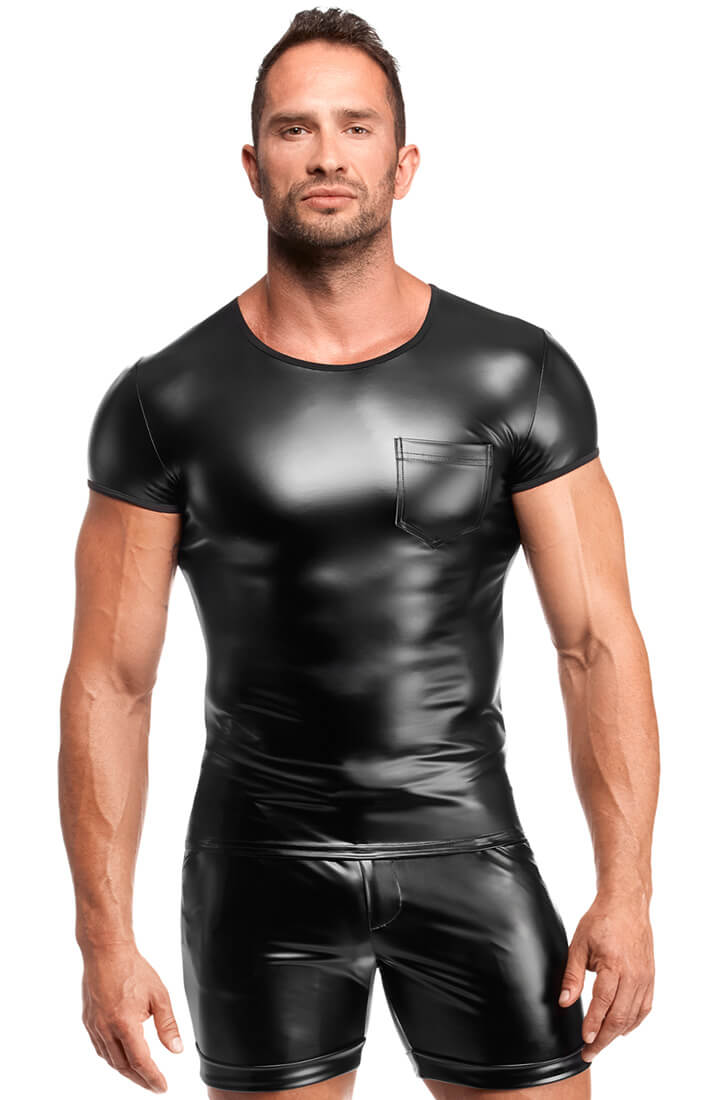 Herre fetish T-shirt i sort mat wetlook materiale