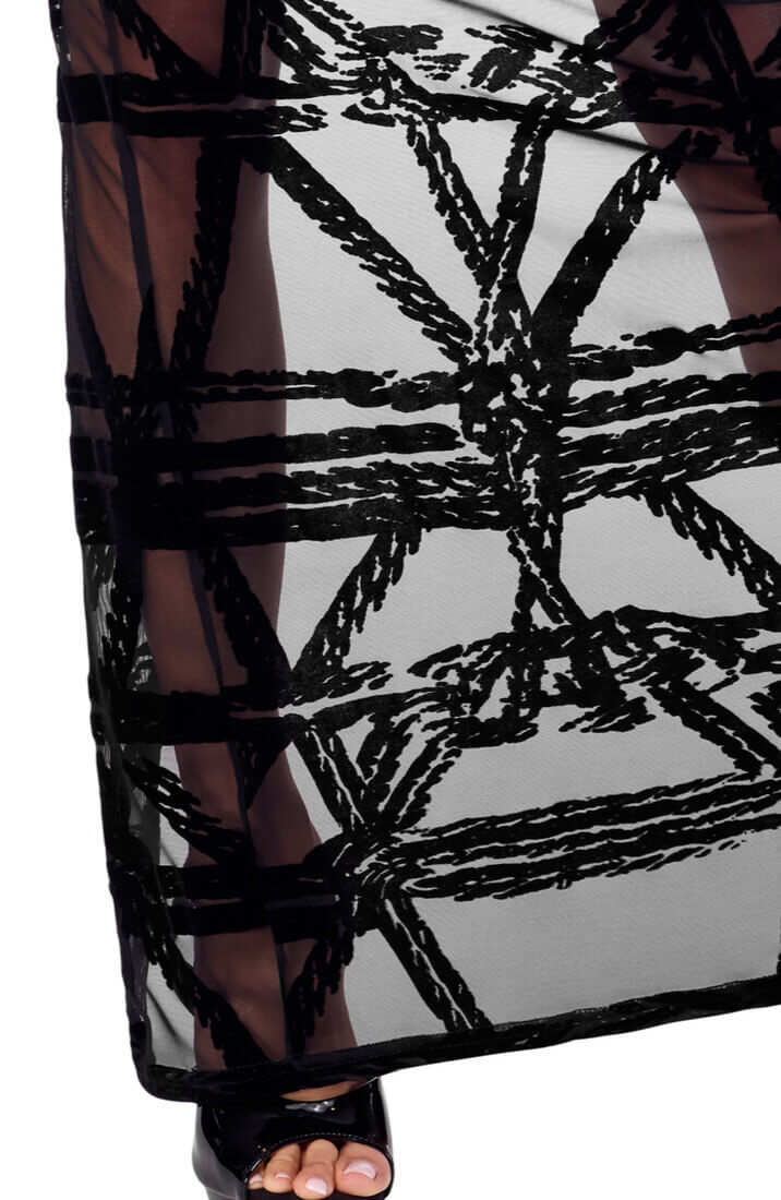 Sort Lang Nylon Tube Kjole med Flocked Shibari Mønster - Obey the Line