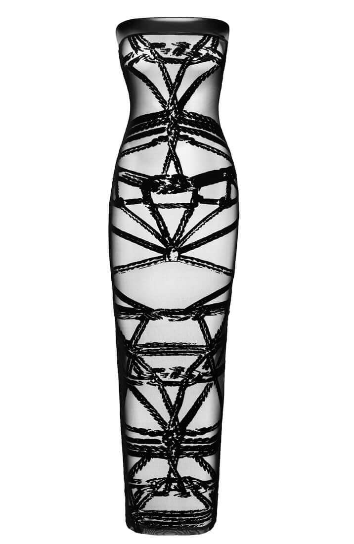 Sort Lang Nylon Tube Kjole med Flocked Shibari Mønster - Obey the Line