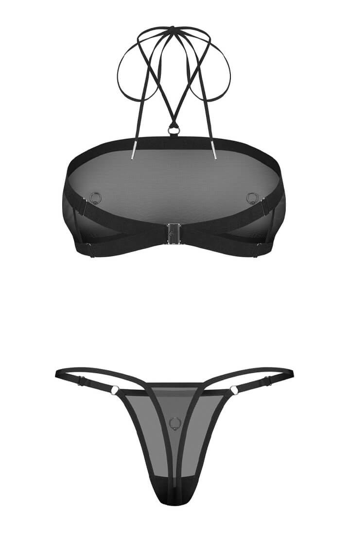 Sort lingerisæt med stropper, transparent nylon og detaljer, der ligner piercinger