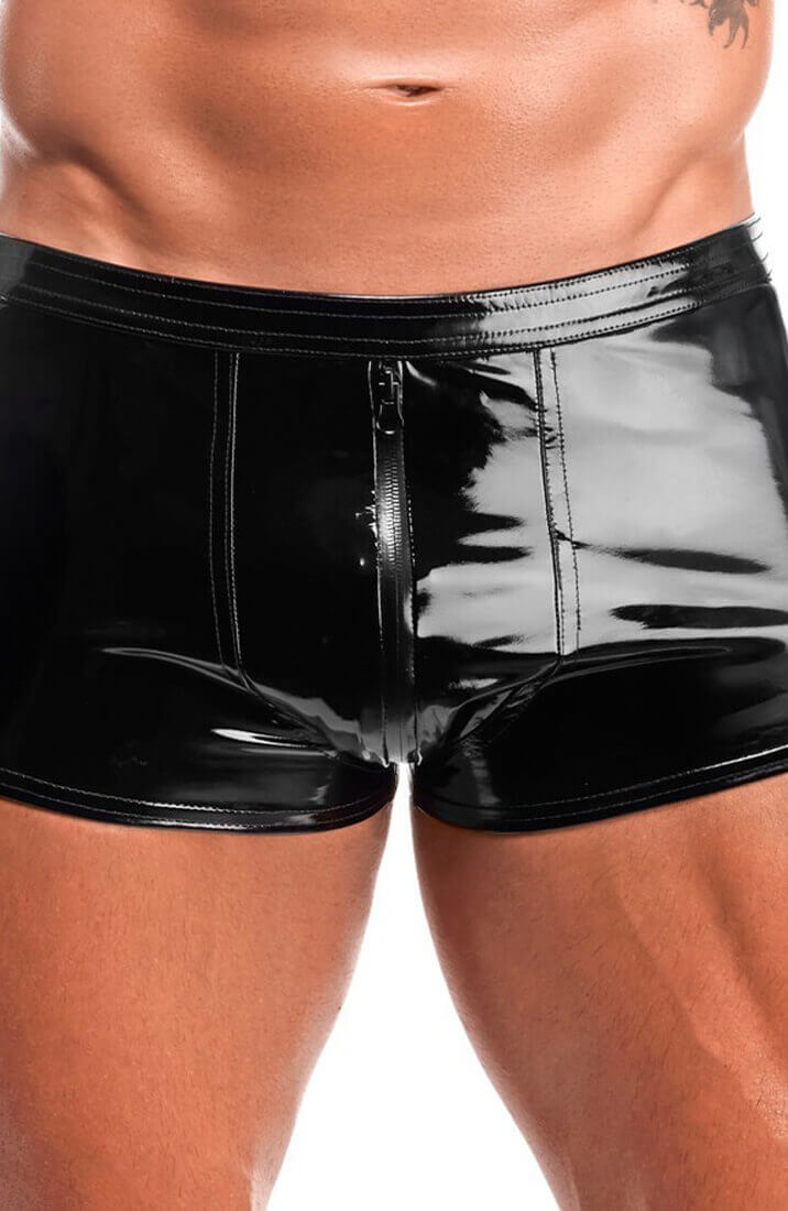 Sorte PVC shorts med 3-vejs lynlås og ultra kort fit