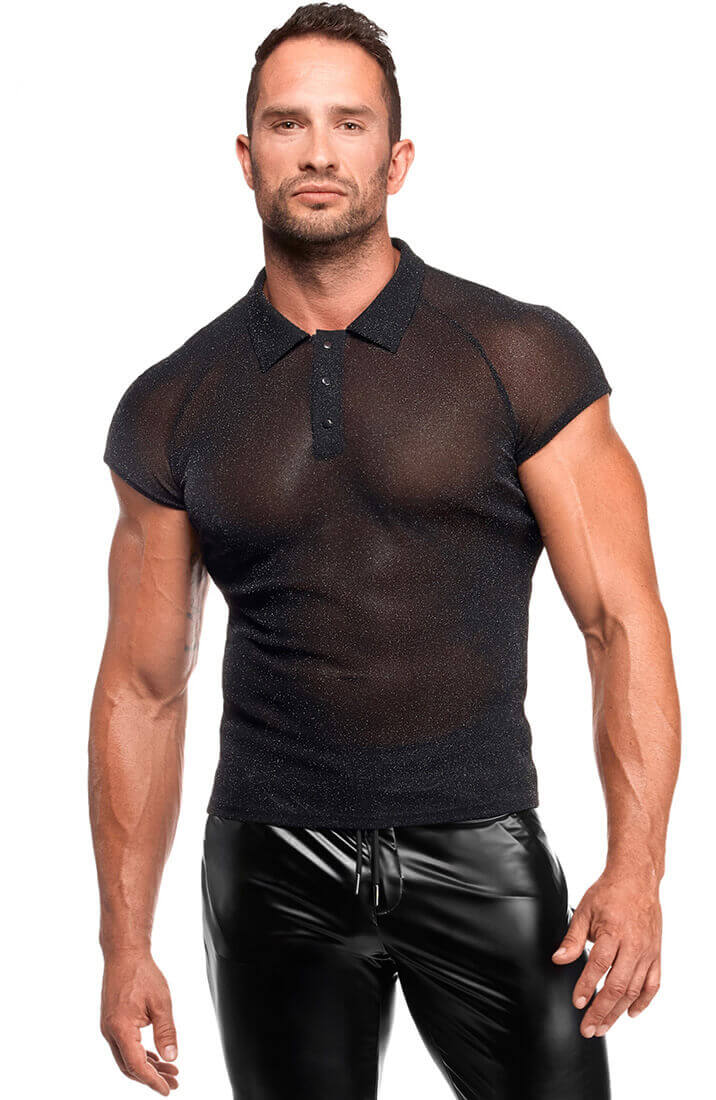 Sort transparent polo shirt med sølvnistring foran