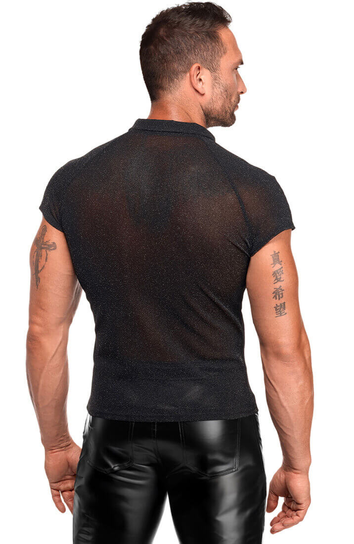 Herre fetish polo i transparent sort nylon - bagfra