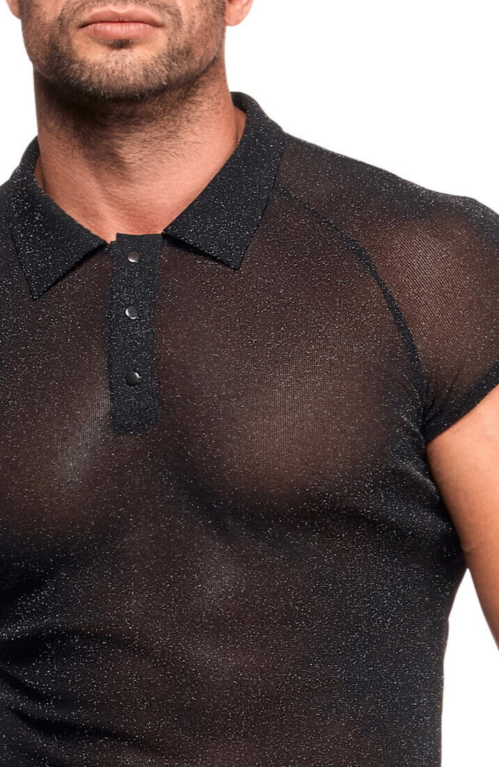 COAX Fetish polo shirt med transparent materiale og sølvnistring