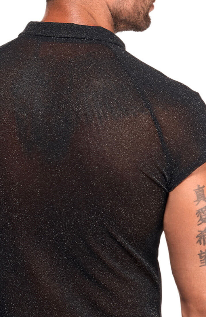 Transparent fetish polo shirt i sort stretch nylon | COAX Fetish