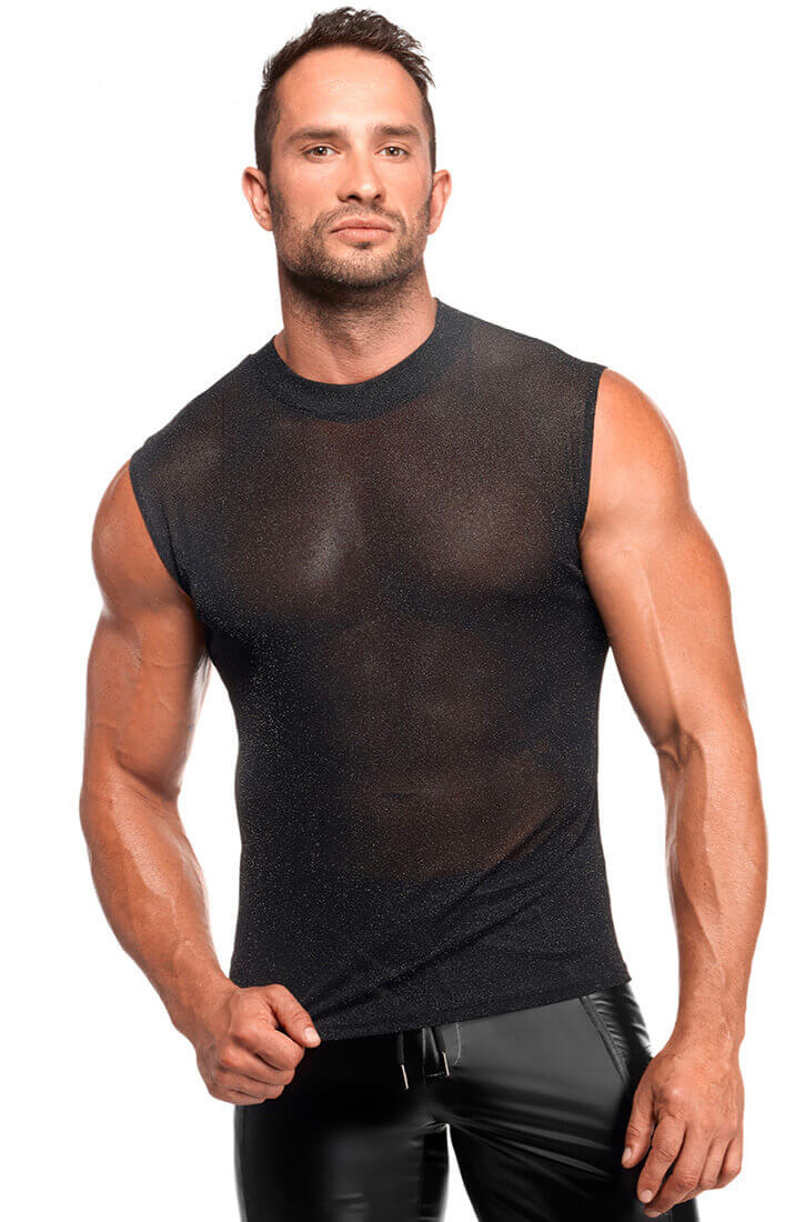 Sort transparent tank top med sølvnistring