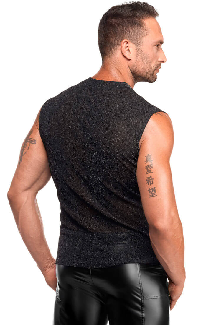 Herre fetish tank top i transparent sort nylon