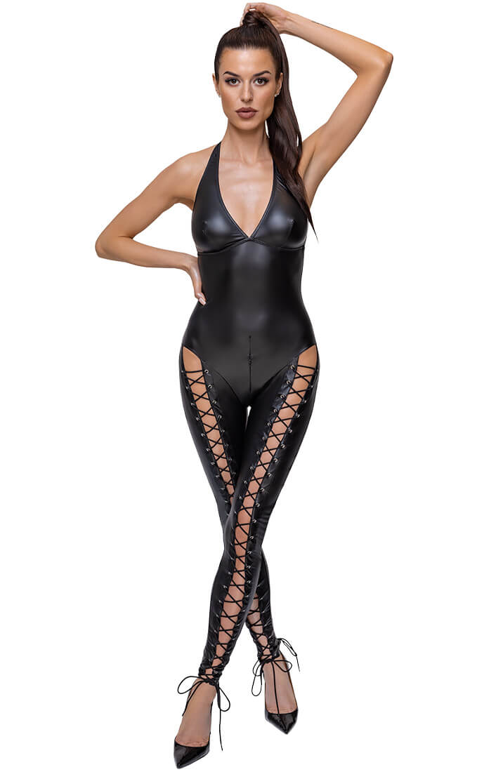 Sort wetlook catsuit med lace-up - In The Spotlight - COAX Copenhagen