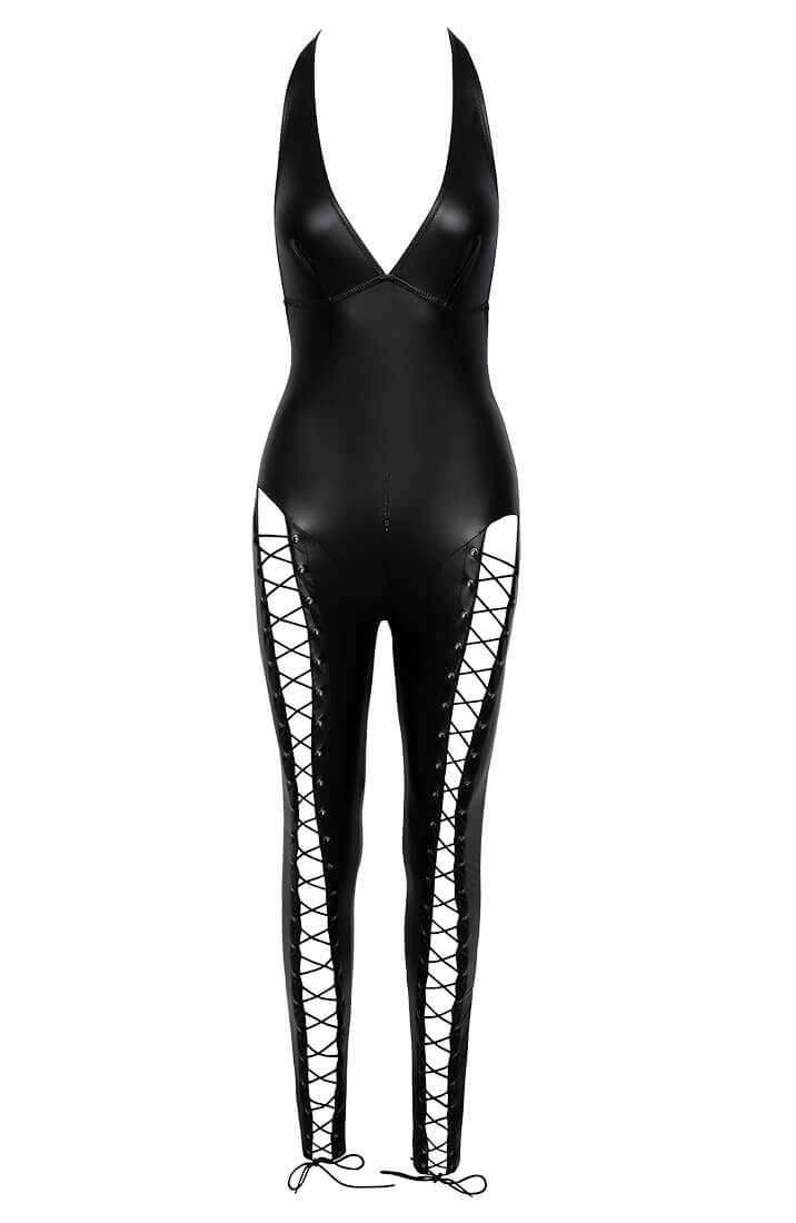 Sort wetlook catsuit med lace-up - In The Spotlight - COAX Copenhagen