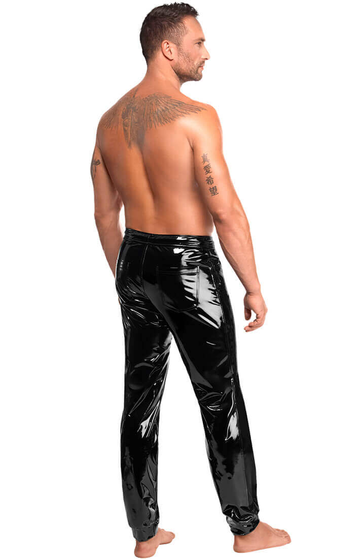 Sorte wetlook bukser med slim fit og skinnende overflade