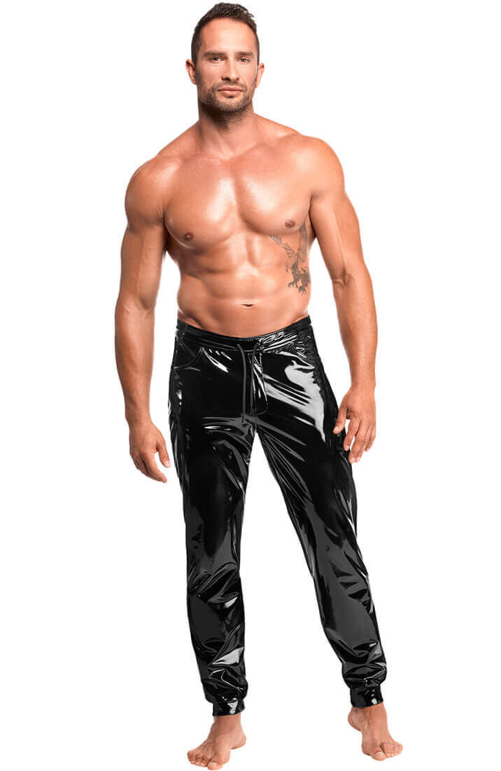 Sorte lange PVC bukser med glossy latex-look finish
