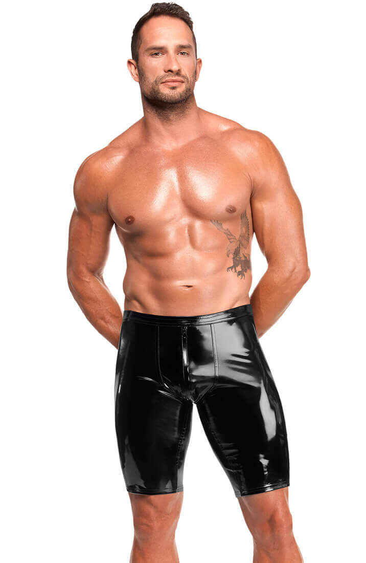 Sorte PVC biker shorts med skinnende latex-effekt overfalde