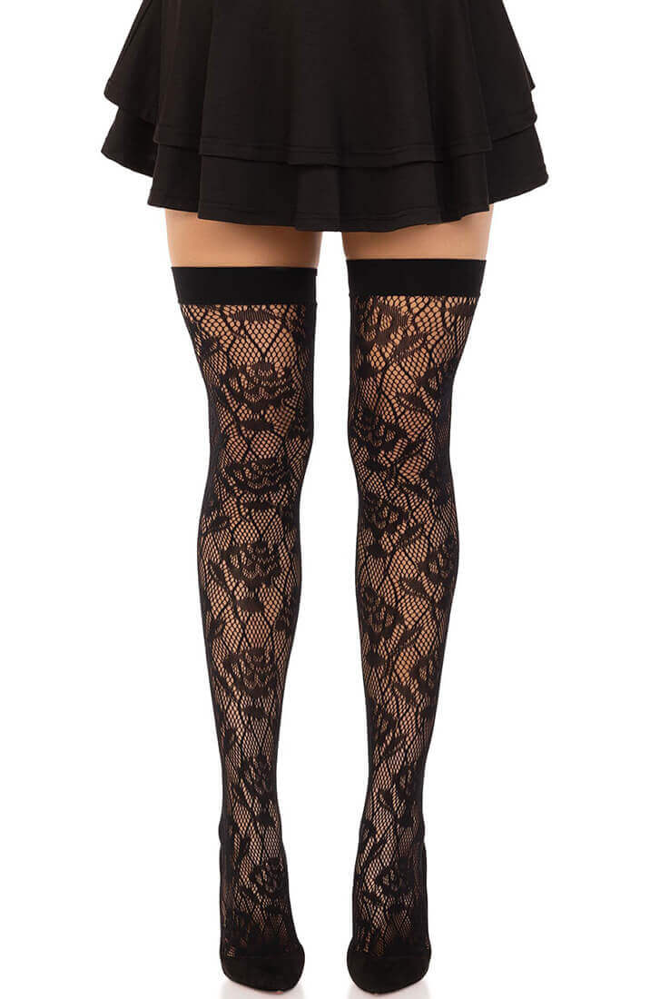 Sorte wild rose blonde thigh high strømper - COAX Copenhagen
