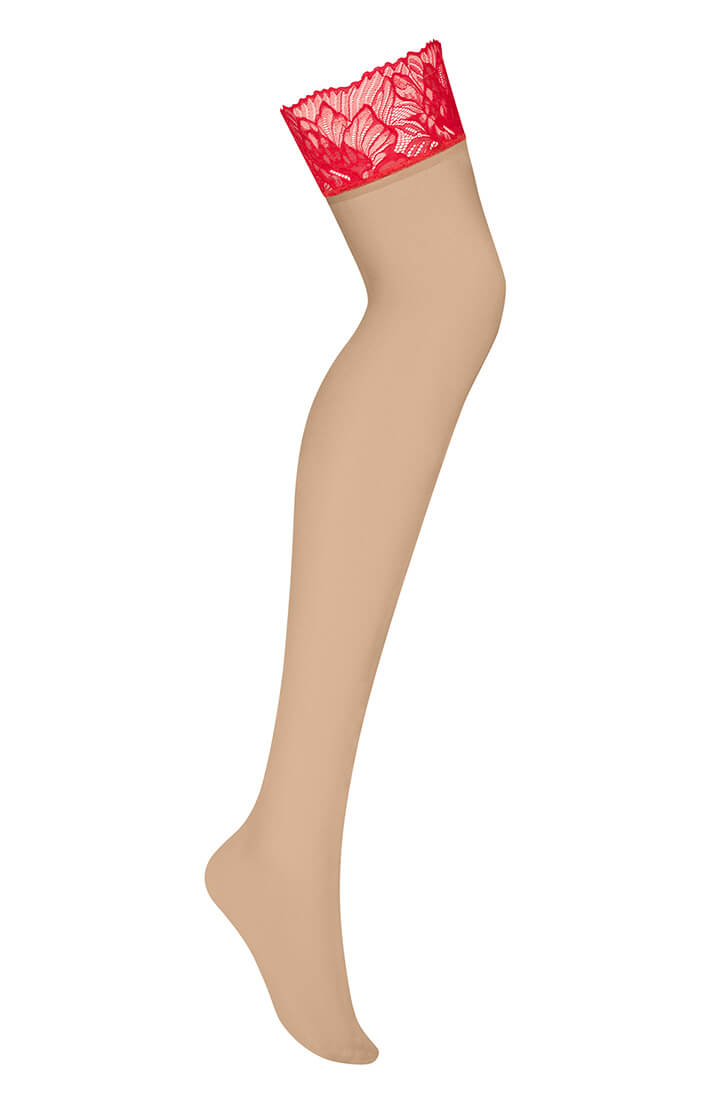 Nude nylonstrømper med rød top, erotisk lingeri look fra COAX Copenhagen