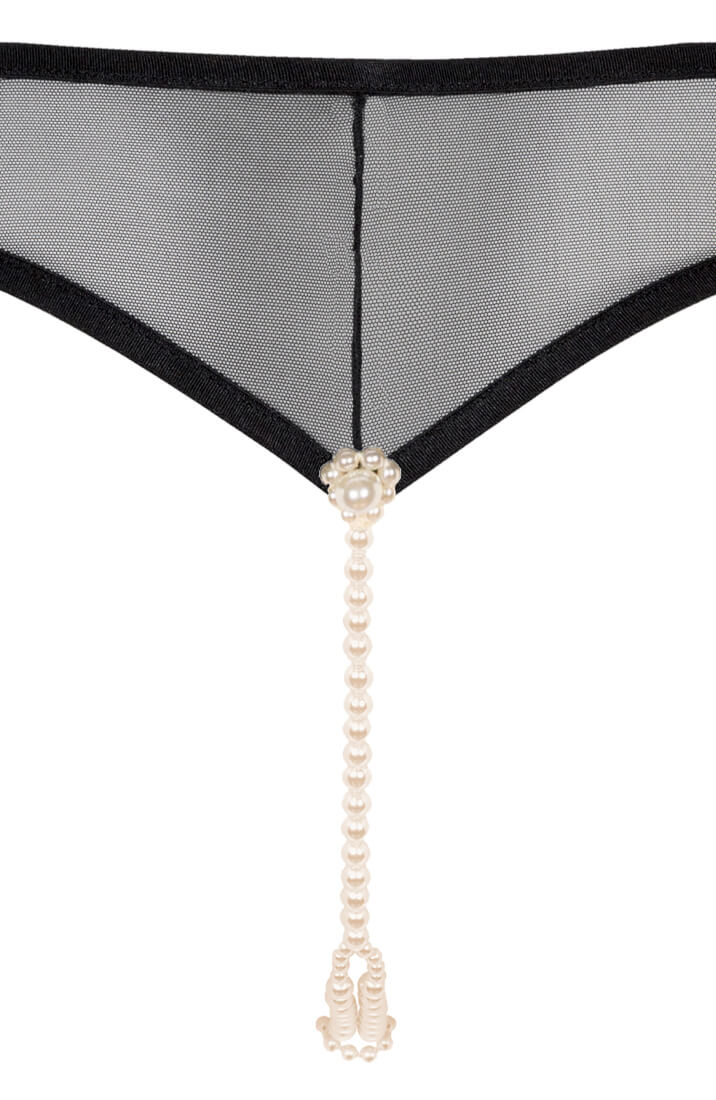 Eksklusiv sort trusse med hvide perler, blonde og satin paneler