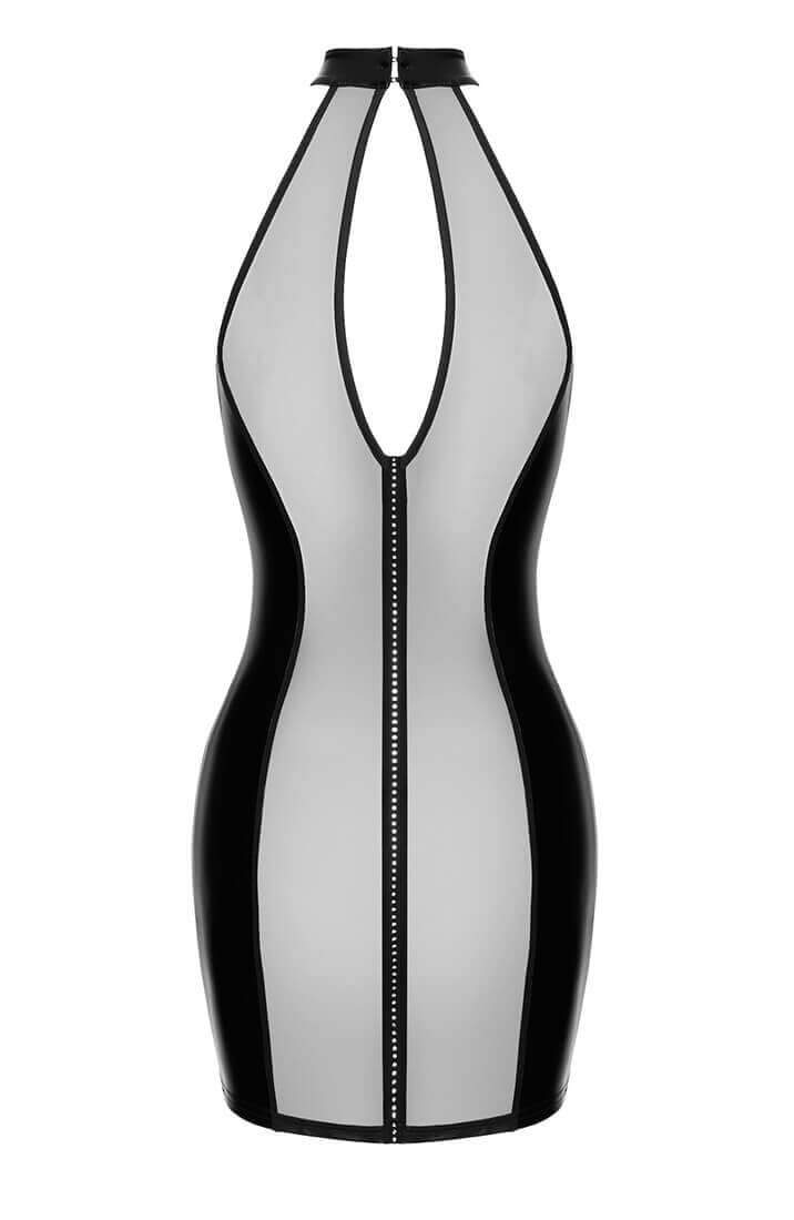 Kort sort kjole med transparente paneler og wetlook sider