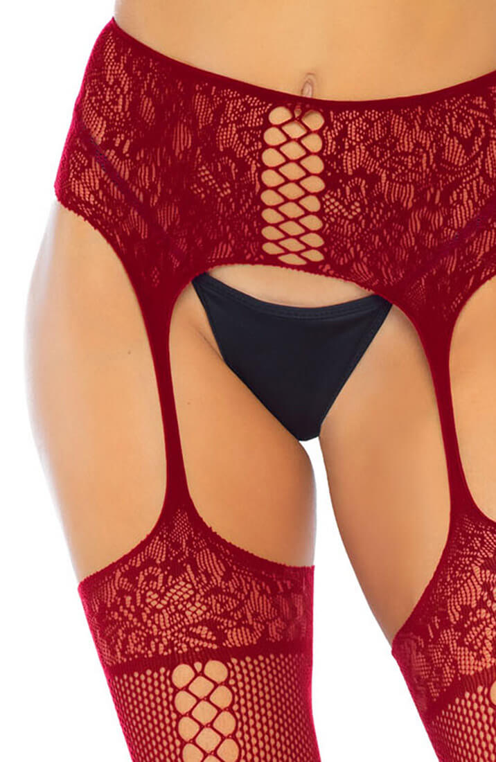 Bordeaux strømpebukser med hofteholder & faux lace up - COAX Copenhagen