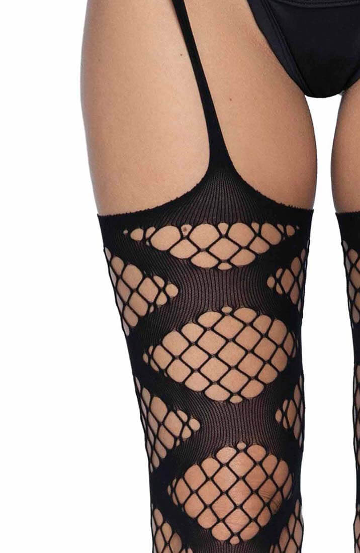Sorte netstrømper med criss-cross & hofteholder - COAX Copenhagen