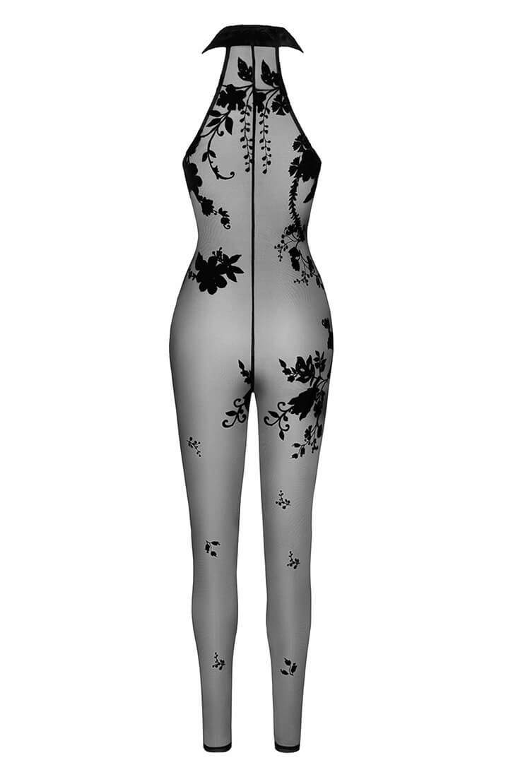 Nylon halterneck catsuit med flock broderi - Sense Gratification - COAX Copenhagen