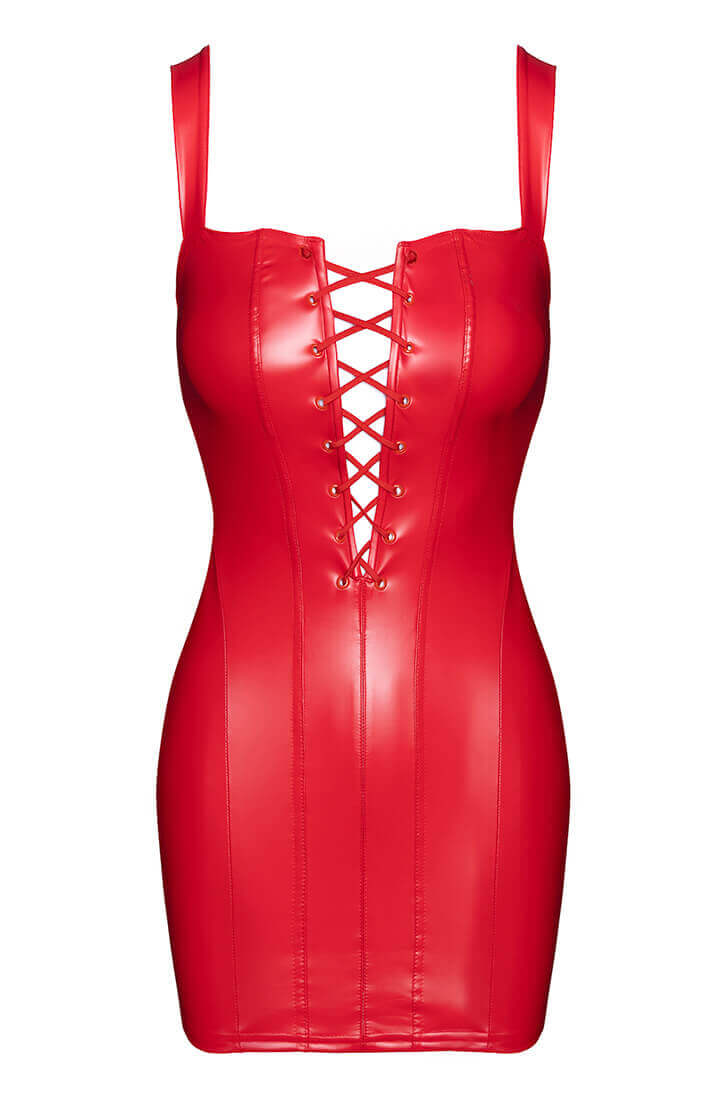 Rød fetish kjole i wetlook med lace-up front