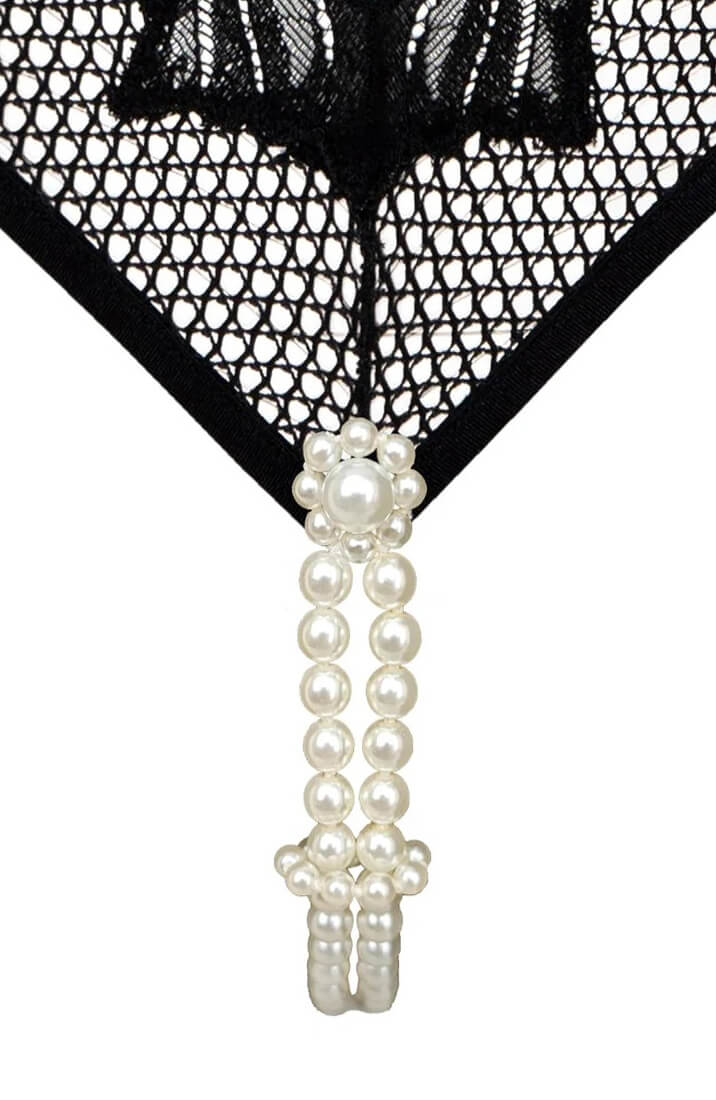 Sort bodysuit med hvide Manacor-perler og blonde